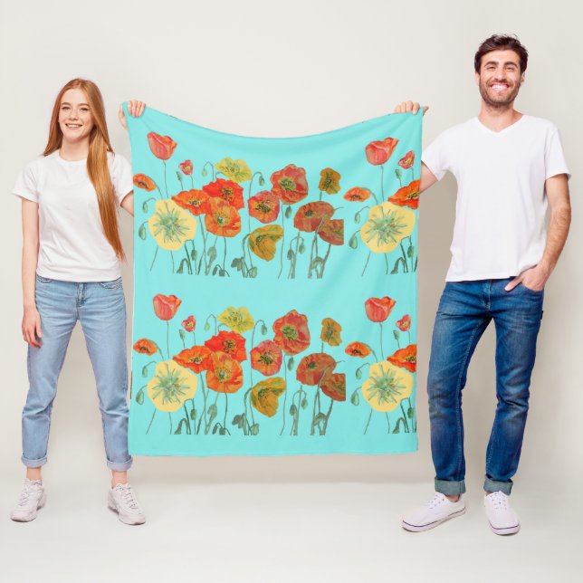 Red Orange Yellow Poppy Poppies Floral Flower Aqua Fleece Blanket (In Situ)