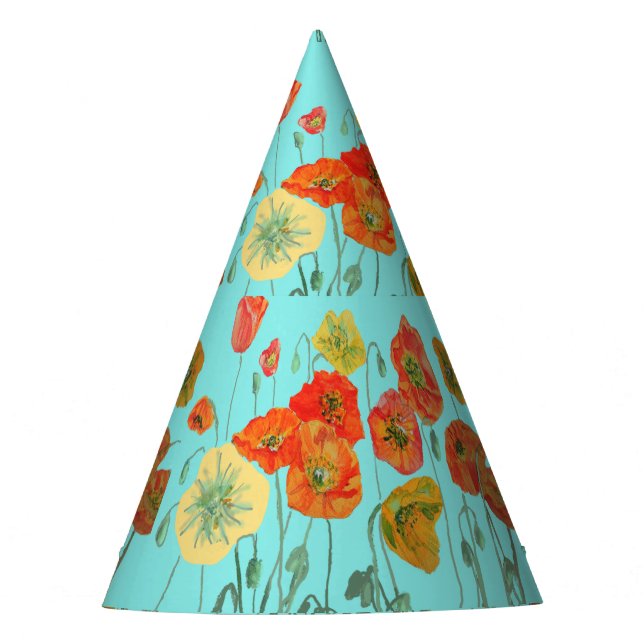 Red Orange Yellow Poppy Poppies Floral Flower Aqua Party Hat (Front)