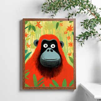Red Orangutan Jungle Scene Kids Art Poster