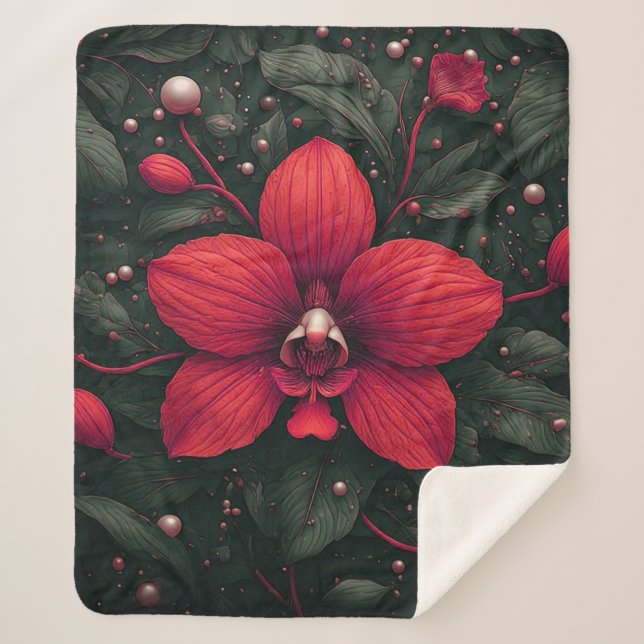 Red Orchid Bloom With Green Leaves Sherpa Blanket (Front)