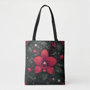 Red Orchid Bloom With Green Leaves Tote Bag