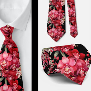 Red Orchid Flowers Neck Tie