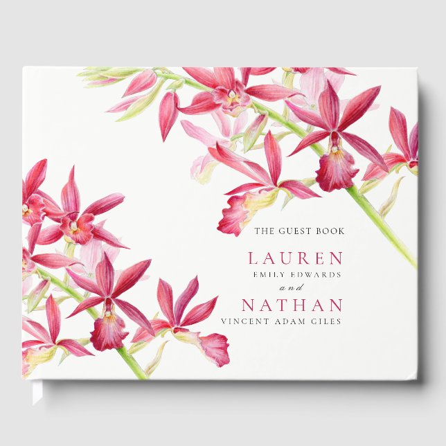 Red orchid flowers watercolor botanical wedding  guest book (Front)