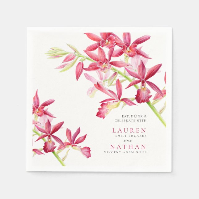 Red orchid flowers watercolor botanical wedding  napkin (Front)