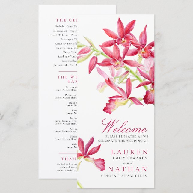 Red orchid watercolor botanical flowers wedding  programme (Front/Back)