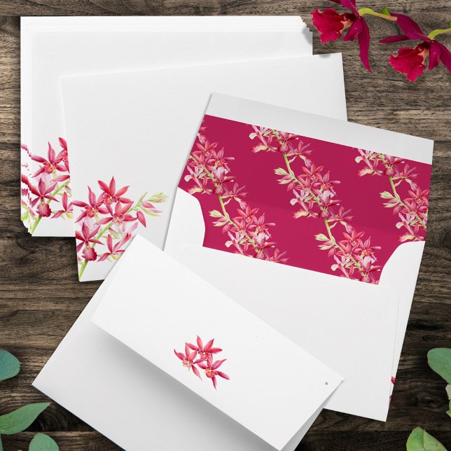 Red orchid watercolor botanical pattern wedding envelope (Creator Uploaded)