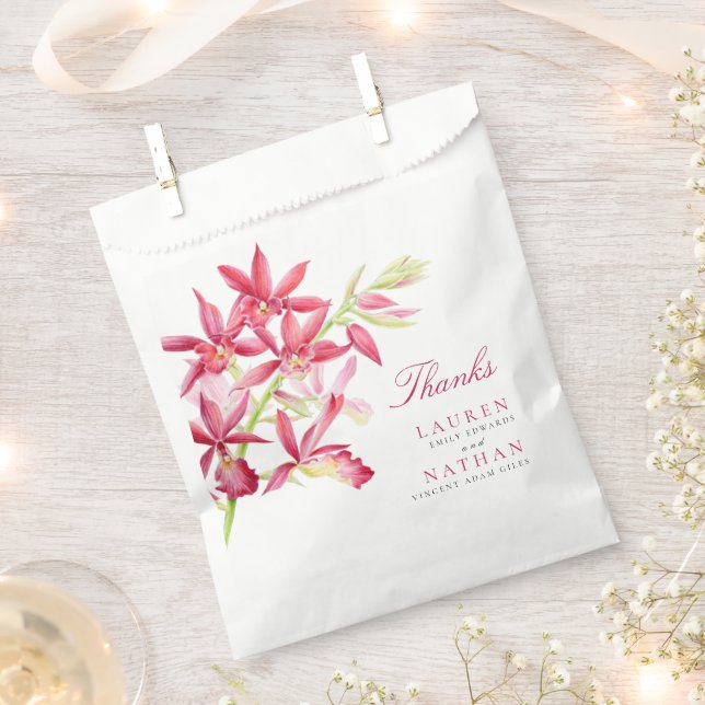 Red orchid watercolor botanical wedding favour bag (Clipped)