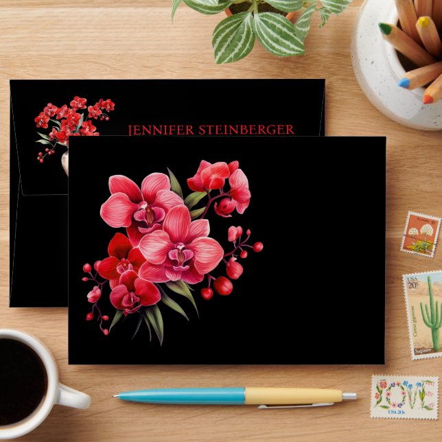 Red Orchid Wedding Invitations Envelope (Desk)