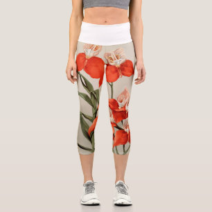 Red Orchids Flower Vintage Old Illustration Capri Leggings