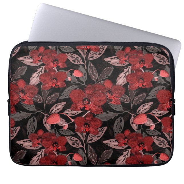 Red orchids on black.  laptop sleeve (Front)