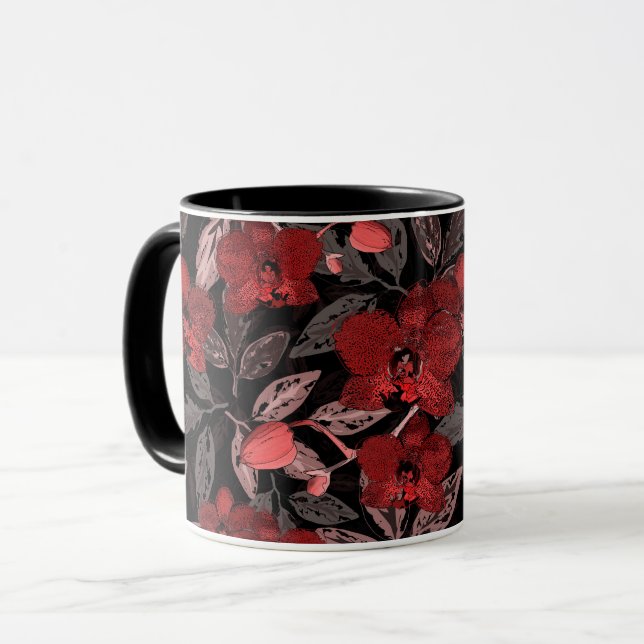 Red orchids on black.  mug (Front Left)