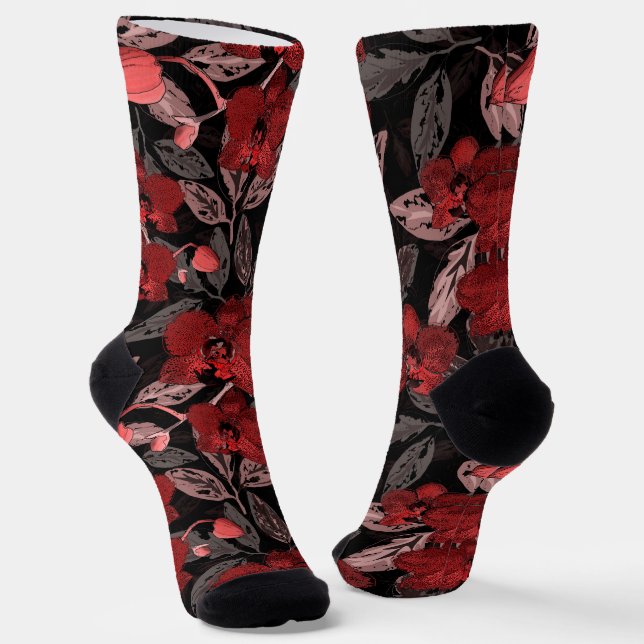 Red orchids on black.  socks (Angled)