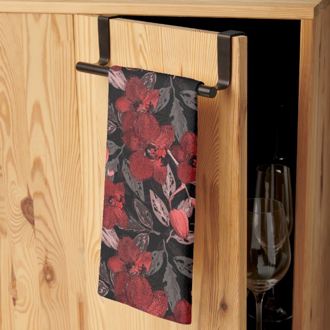 Red orchids on black. tea towel (Thirds Fold)