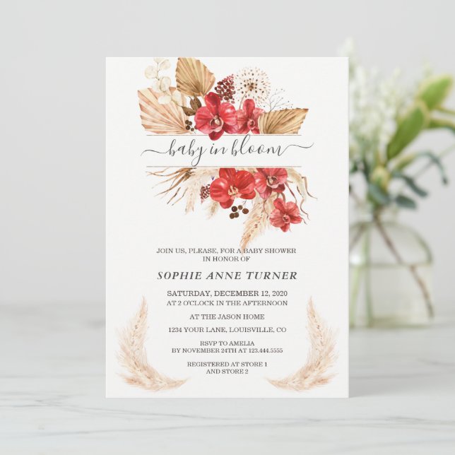Red Orchids Pampas Grass Lunaria Baby in Bloom  Invitation (Standing Front)