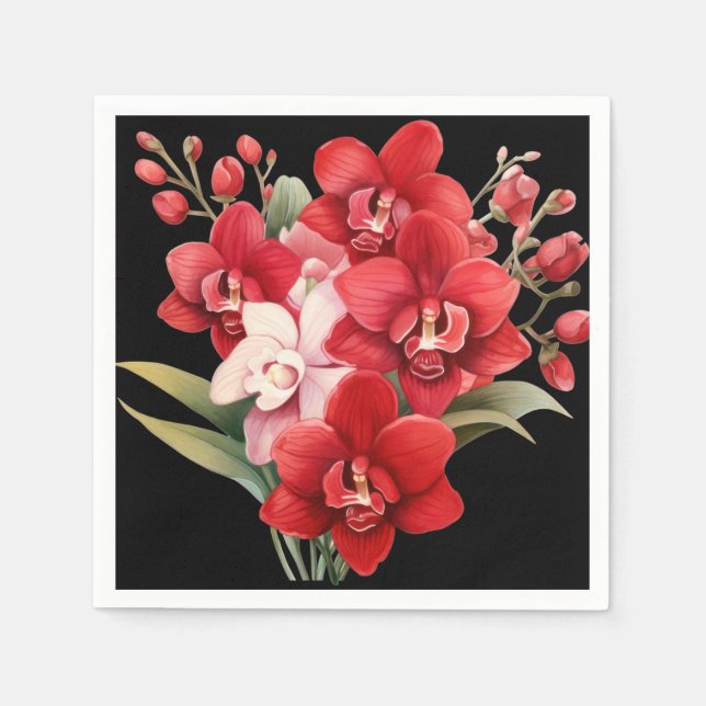 Red Orchids Red and White Wedding Napkin (Front)