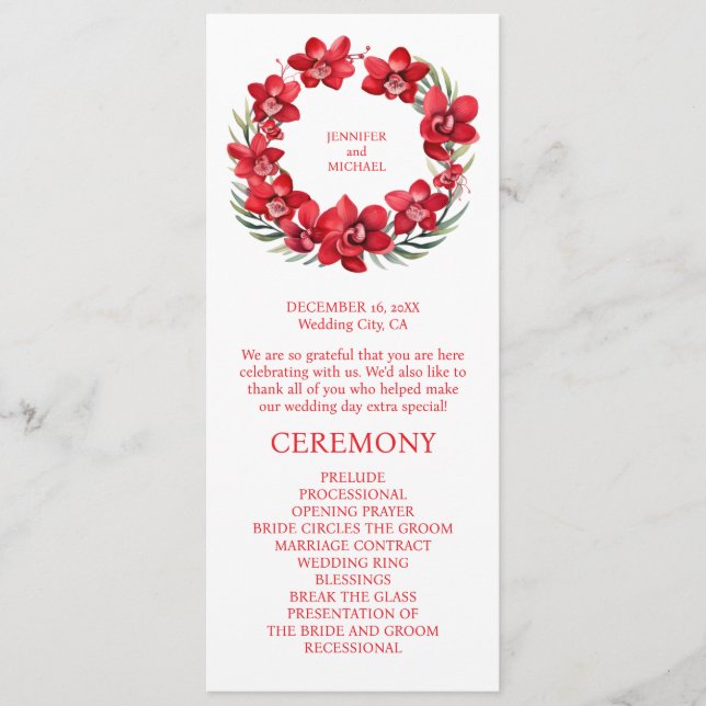 Red Orchids Wedding Ceremony Program Programme (Front)