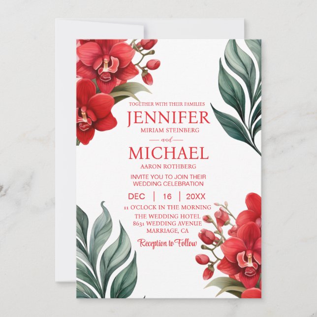 Red Orchids Winter Summer Wedding Invitations (Front)