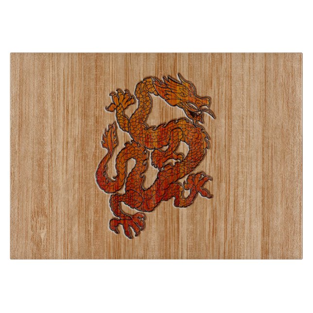 Red Oriental Dragon on Bamboo style Cutting Board (Front)