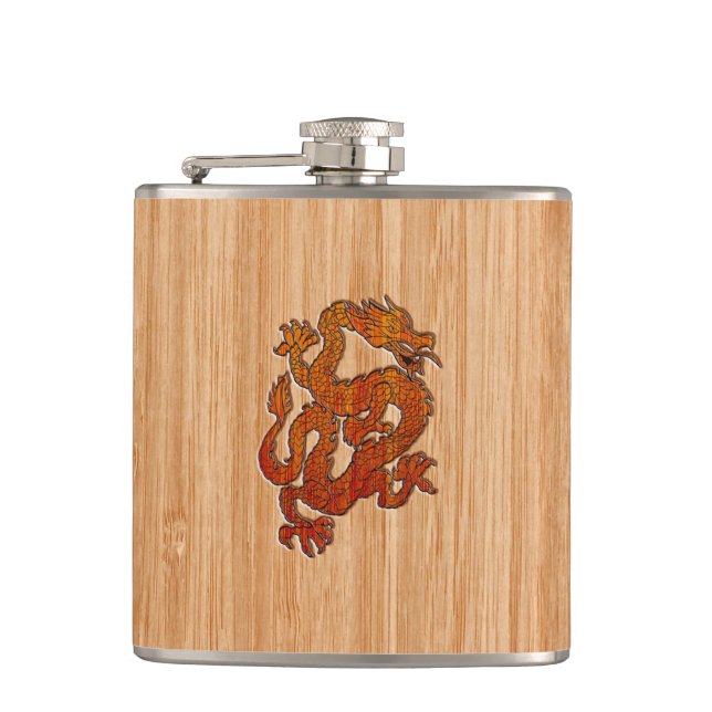 Red Oriental Dragon on Bamboo style Hip Flask (Front)