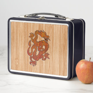 Red Oriental Dragon on Bamboo style Metal Lunch Box