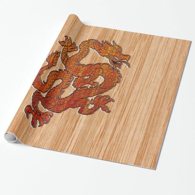 Red Oriental Dragon on Bamboo style Wrapping Paper (Unrolled)