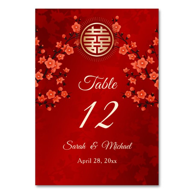 Red Oriental Floral | Chinese Wedding Table Number (Front)