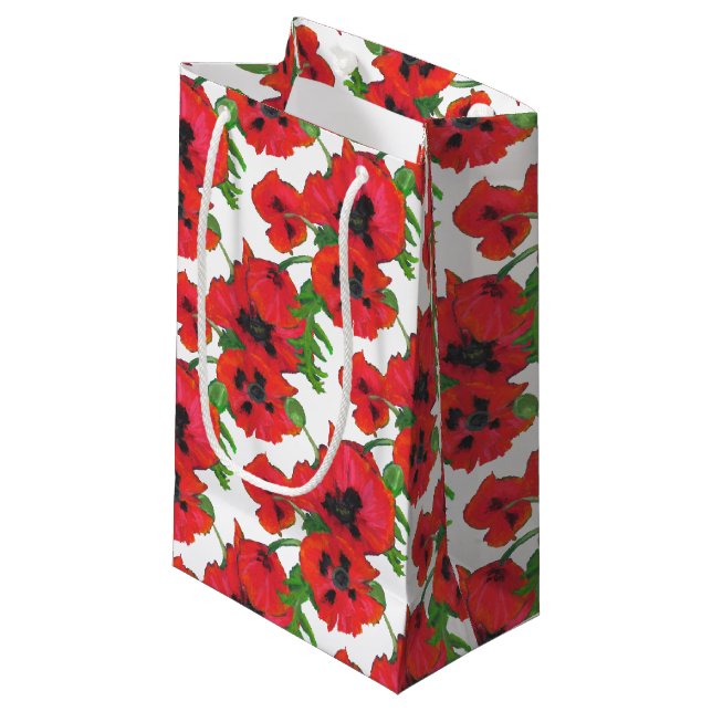 Red Oriental Poppies Floral on White to Customise Small Gift Bag (Front Angled)