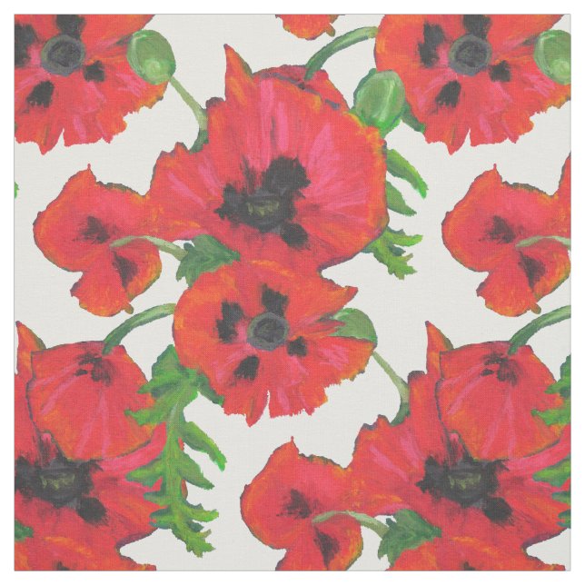 Red Oriental Poppies on White to Customise Fabric (Swatch)