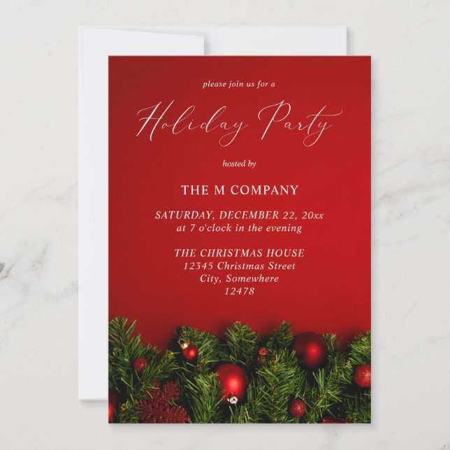 Red Ornament & Garland Holiday Invitation (Front)