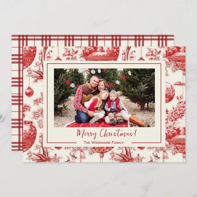 Red Ornament Toile Christmas Holiday Photo Card (Front/Back)