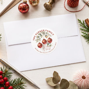 Red Ornament Watercolor Holiday Return Address Classic Round Sticker