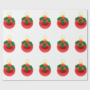 Red Ornament With Holly White Wrapping Paper