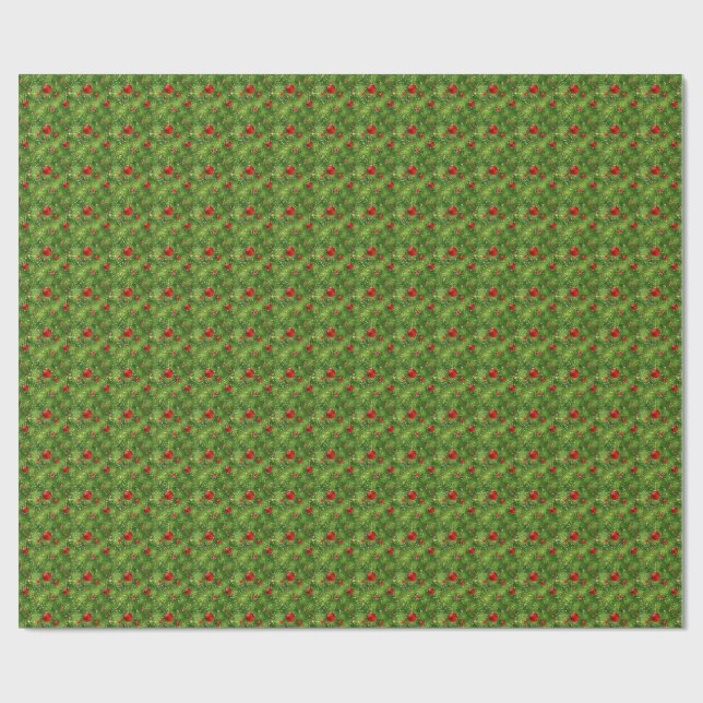 Red Ornaments & Evergreen Holiday Wrapping Paper (Flat)