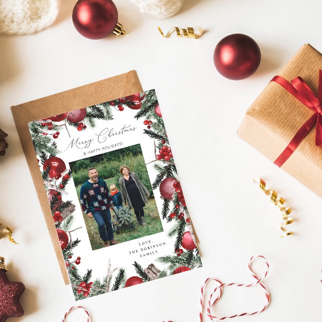 Red Ornaments & Pine Merry Christmas Photo (Creator Uploaded)