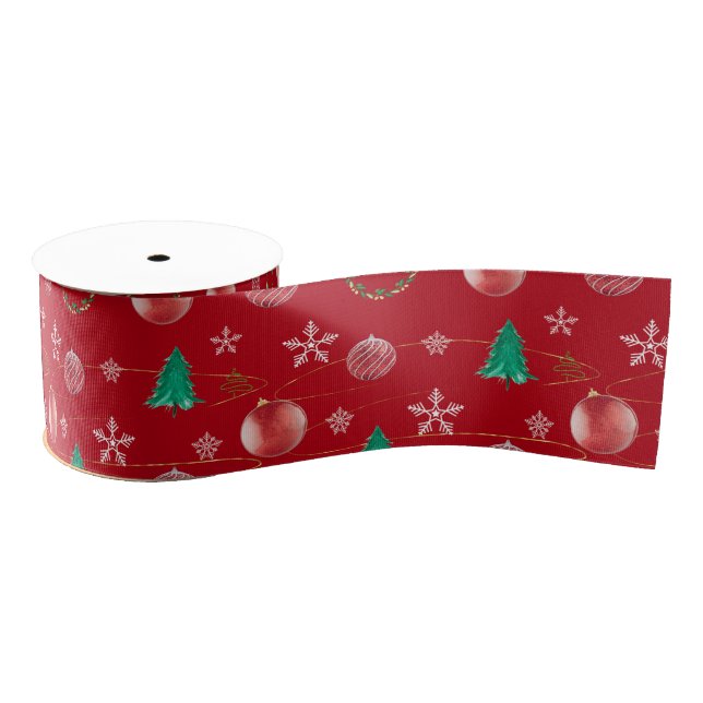 Red Ornaments & Watercolor Pines Christmas  Grosgrain Ribbon (Spool)