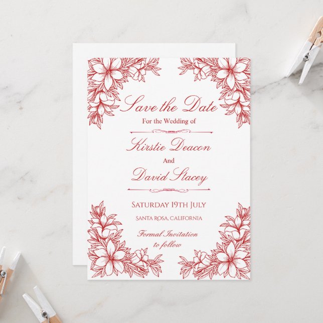 Red Ornate Floral Wedding Invitation  (Front/Back In Situ)