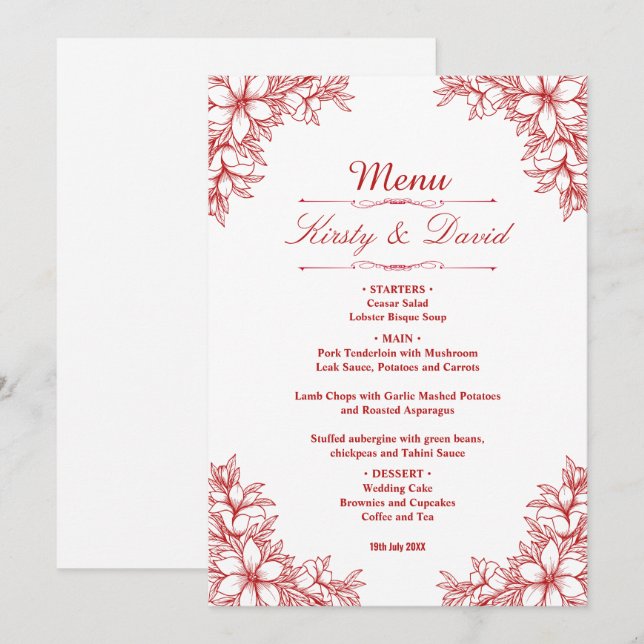 Red Ornate Floral Wedding  Menu (Front/Back)