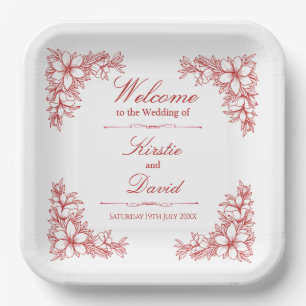 Red Ornate Floral Wedding Paper Plates