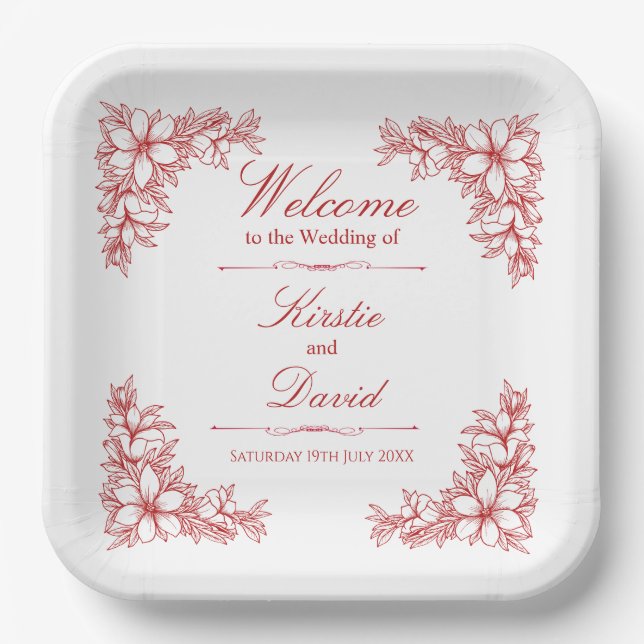 Red Ornate Floral Wedding Paper Plates (Front)
