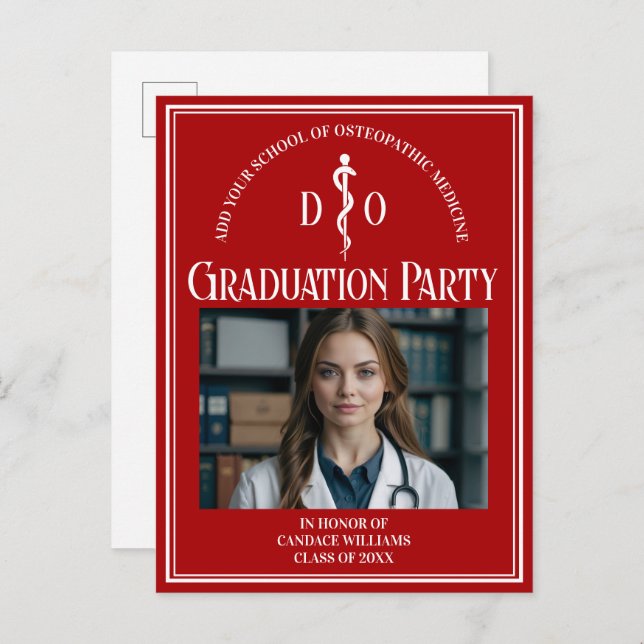 Red Osteopathic Medical School Graduation Party Invitation Postcard (Front/Back)