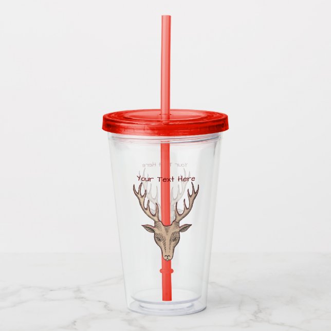 Red Outlined Brown Deer Head Large Antlers Acrylic Tumbler (Front)