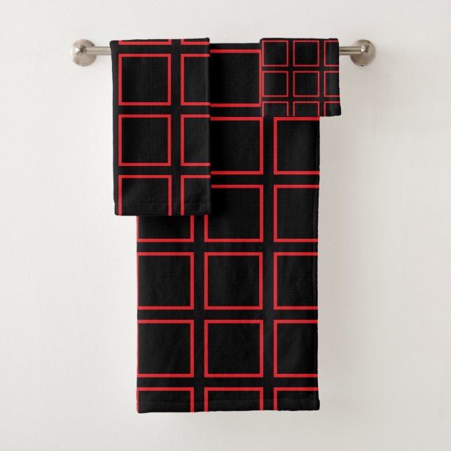 Red Outlined Squares Black Bath Towel Set (Insitu)