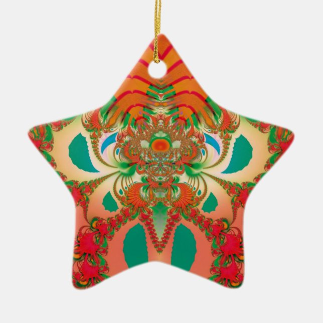 Red Owl Fractal Abstract Art Ceramic Tree Decoration (Front)