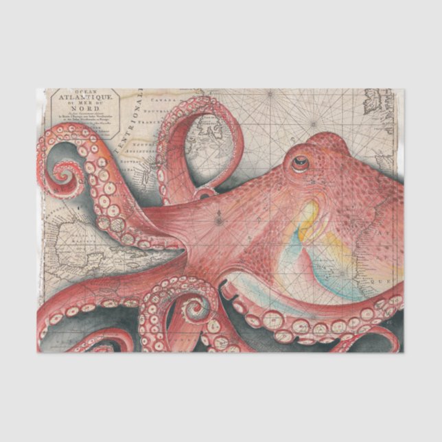 Red Pacific Octopus Vintage Map Art Tissue Paper (Front)