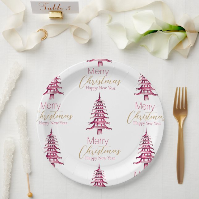 Red Pagoda Christmas Tree Pattern Paper Plate (Wedding)