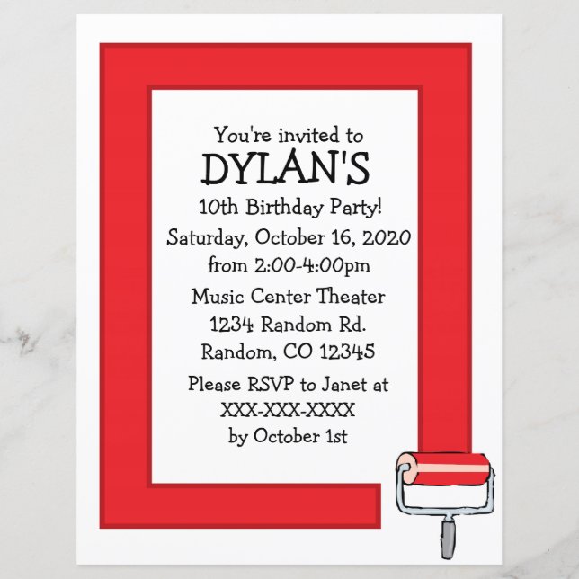 Red paint theme birthday party flyer invitations (Front)