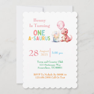 Red Painted Dinosaur One A Saurus Birthday  Invitation