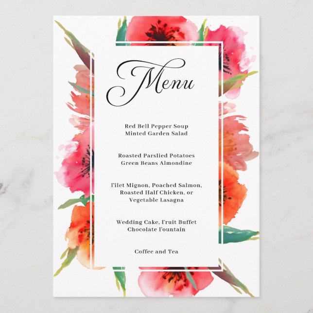 Red Painted Poppies Floral Wedding Menu (Front)