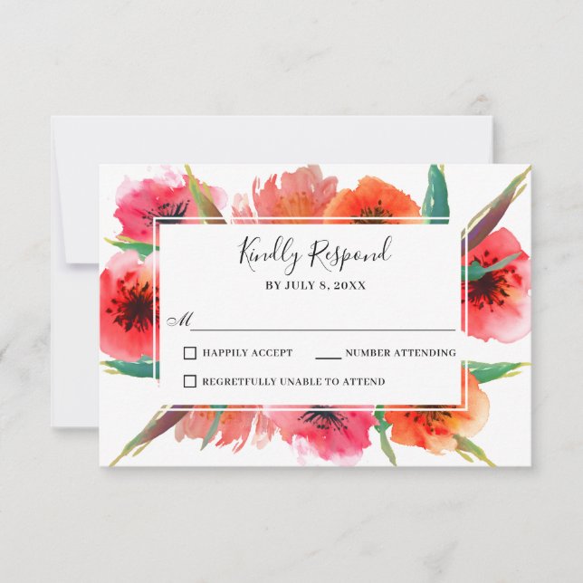 Red Painted Poppies Floral Wedding RSVP Card (Front)