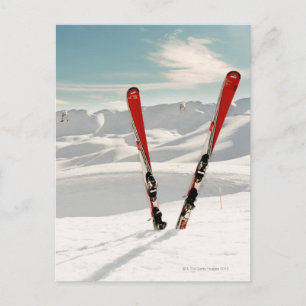Red pair of ski standing in snow postcard